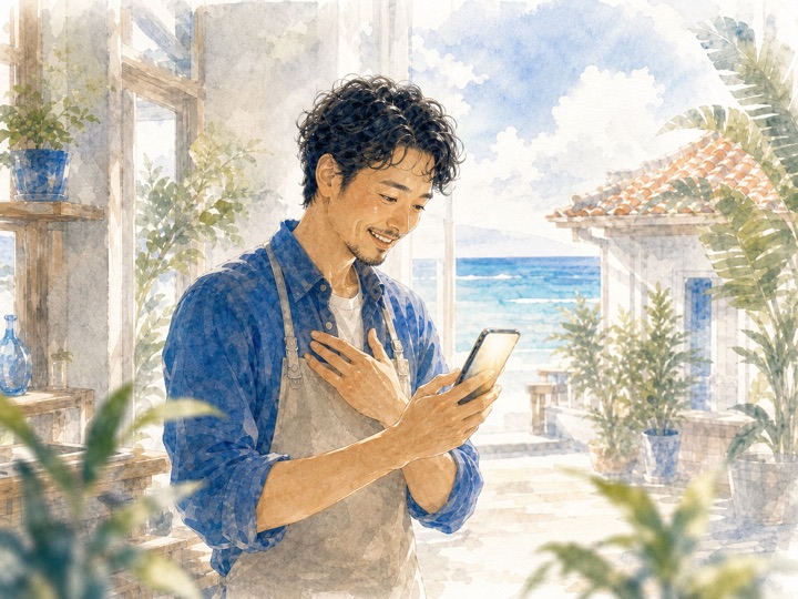 スマートフォンに届いた問い合わせを見て笑顔になる店主